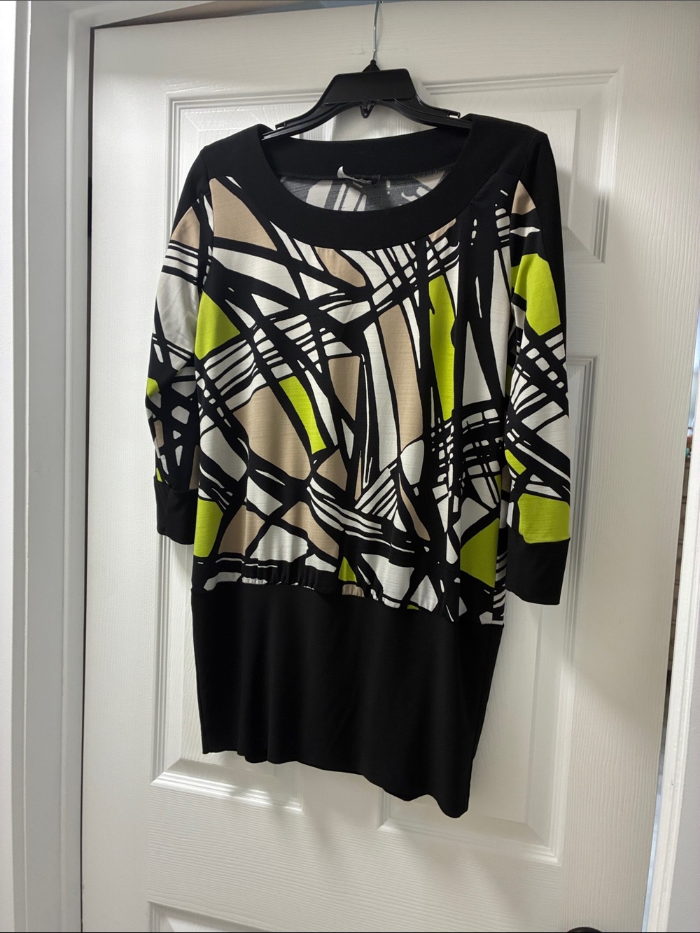 Abstract Print Long Sleeve Tunic Top - Black with Lime and Beige Accents
